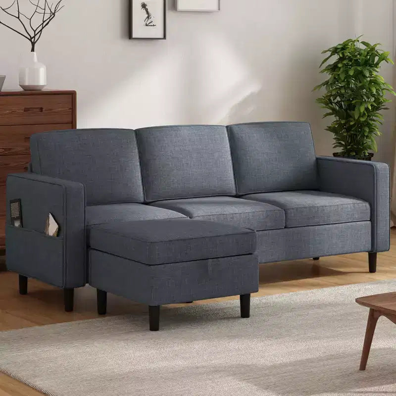 Canapé modulable Mjkone, canapé 3 places en tissu de lin en forme de L avec pouf de rangement