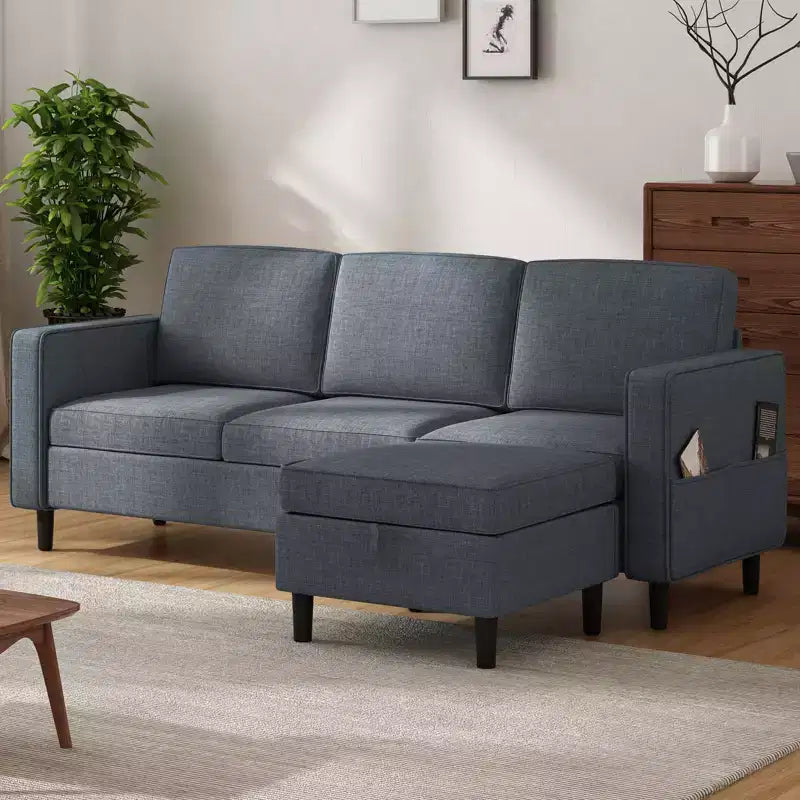 Canapé modulable Mjkone, canapé 3 places en tissu de lin en forme de L avec pouf de rangement