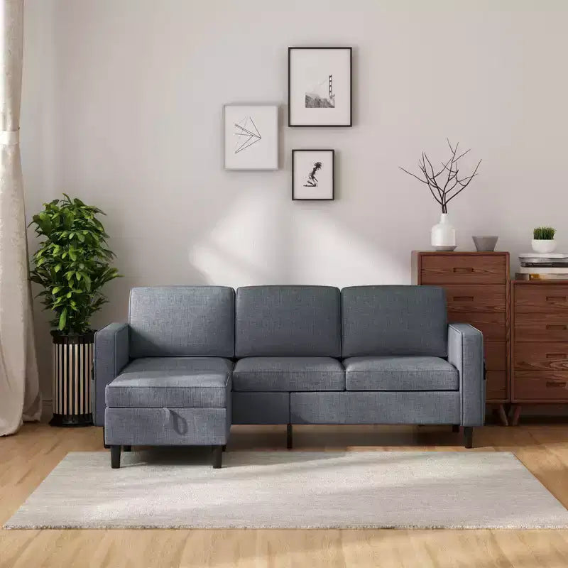 Canapé modulable Mjkone, canapé 3 places en tissu de lin en forme de L avec pouf de rangement