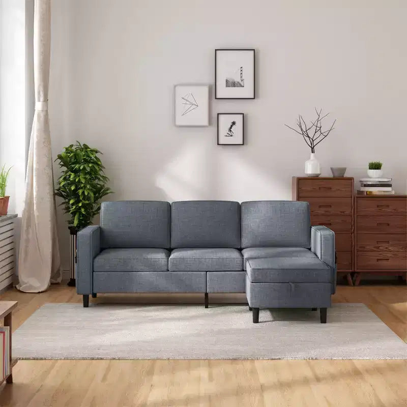 Canapé modulable Mjkone, canapé 3 places en tissu de lin en forme de L avec pouf de rangement