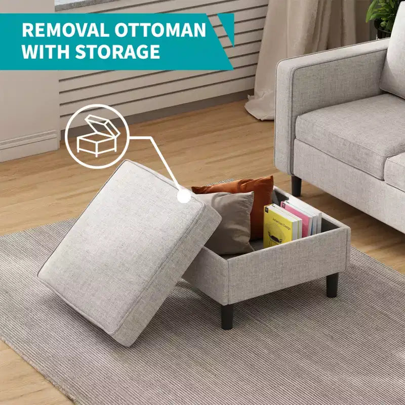 Canapé modulable Mjkone, canapé 3 places en tissu de lin en forme de L avec pouf de rangement