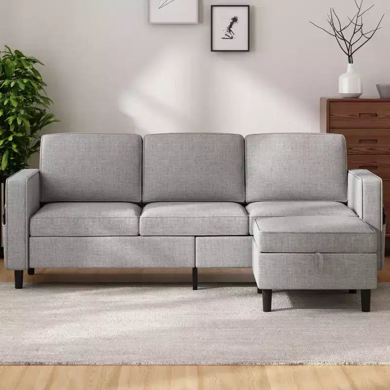 Canapé modulable Mjkone, canapé 3 places en tissu de lin en forme de L avec pouf de rangement