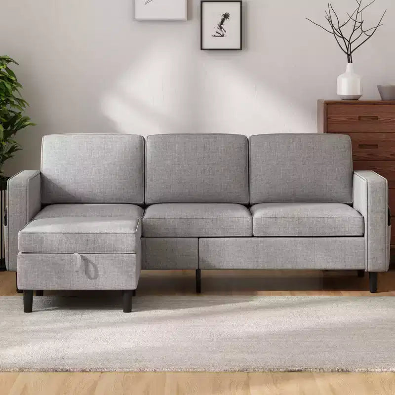 Canapé modulable Mjkone, canapé 3 places en tissu de lin en forme de L avec pouf de rangement