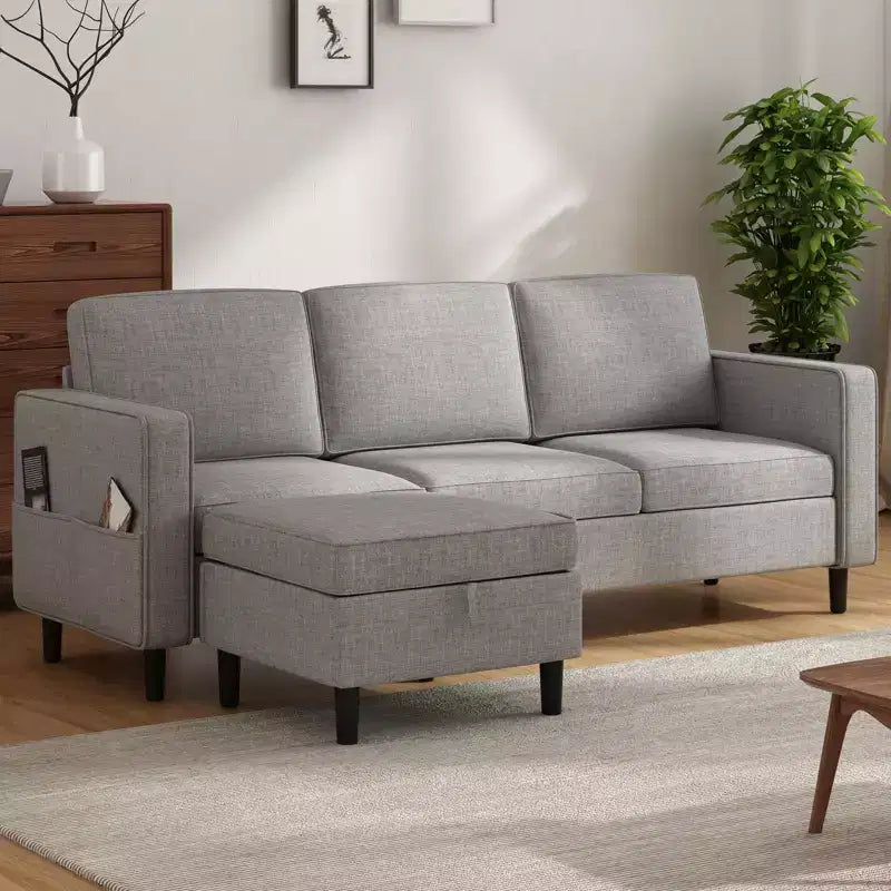 Canapé modulable Mjkone, canapé 3 places en tissu de lin en forme de L avec pouf de rangement