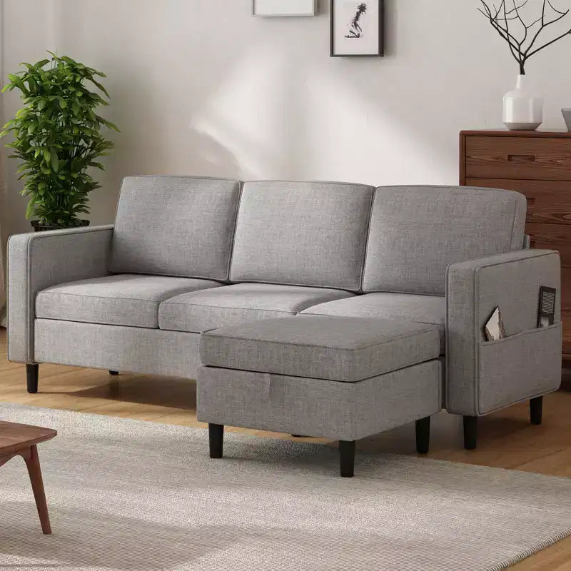 Canapé modulable Mjkone, canapé 3 places en tissu de lin en forme de L avec pouf de rangement