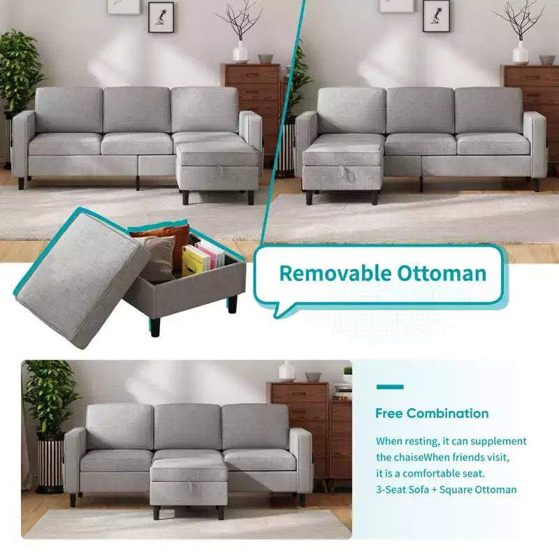 Canapé modulable Mjkone, canapé 3 places en tissu de lin en forme de L avec pouf de rangement