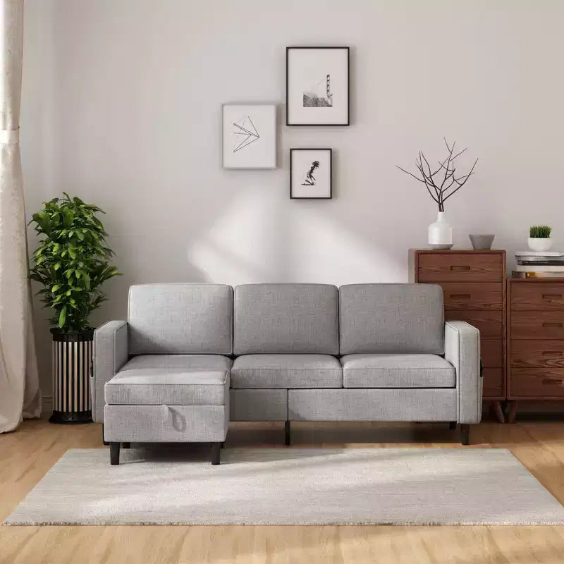 Canapé modulable Mjkone, canapé 3 places en tissu de lin en forme de L avec pouf de rangement