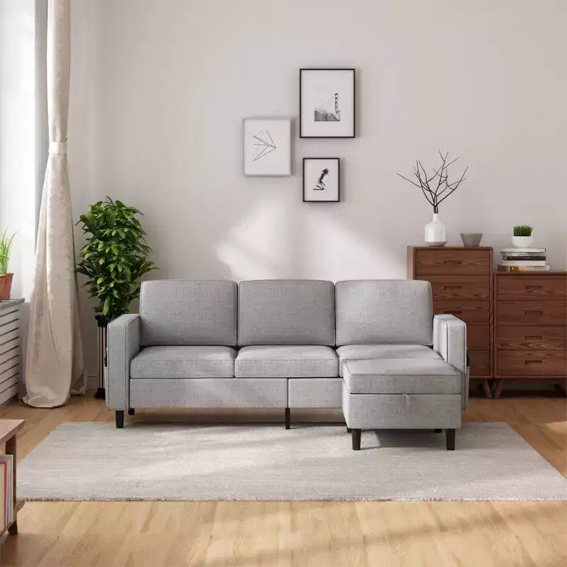 Canapé modulable Mjkone, canapé 3 places en tissu de lin en forme de L avec pouf de rangement