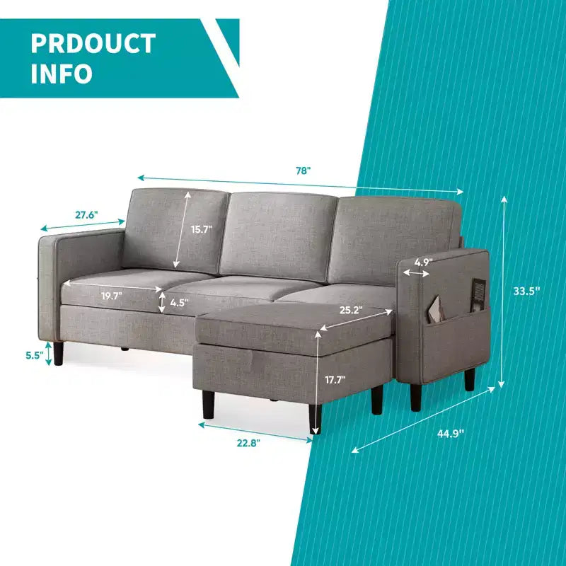 Canapé modulable Mjkone, canapé 3 places en tissu de lin en forme de L avec pouf de rangement