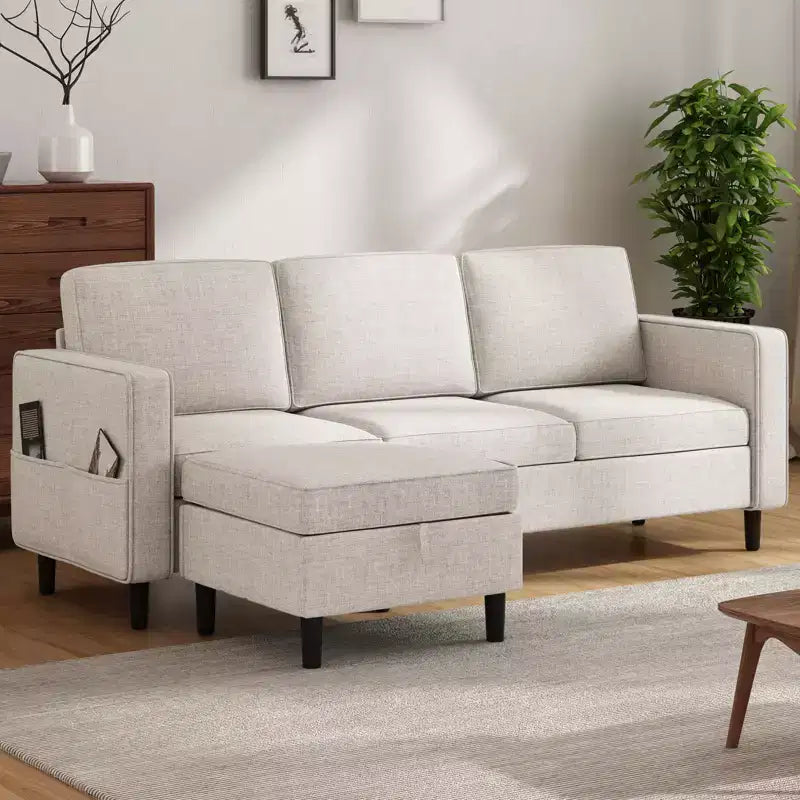 Canapé modulable Mjkone, canapé 3 places en tissu de lin en forme de L avec pouf de rangement