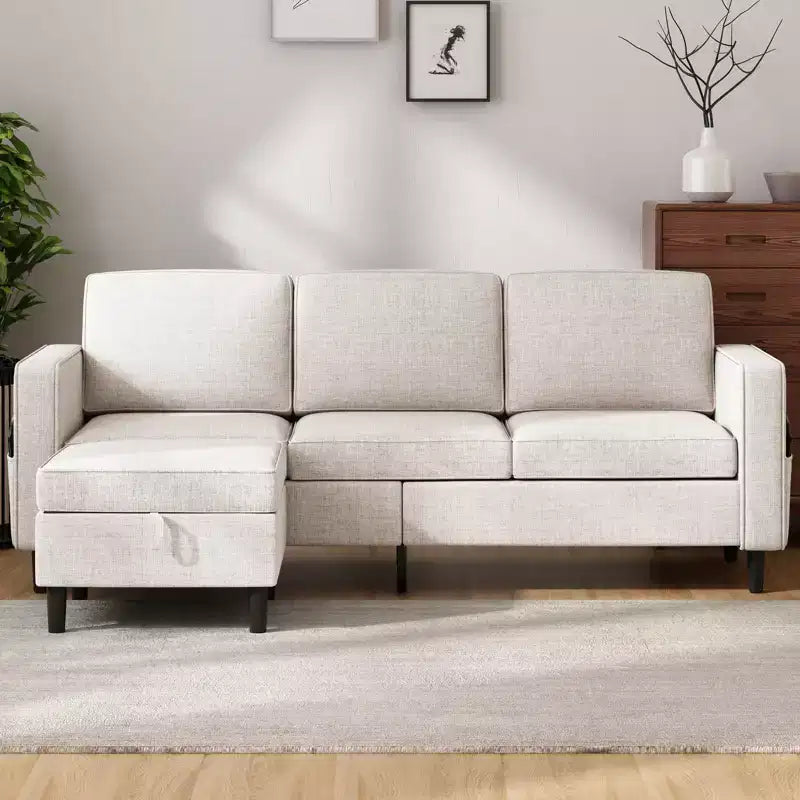 Canapé modulable Mjkone, canapé 3 places en tissu de lin en forme de L avec pouf de rangement