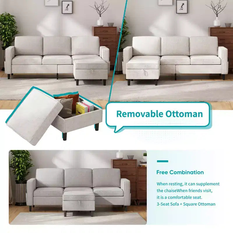 Canapé modulable Mjkone, canapé 3 places en tissu de lin en forme de L avec pouf de rangement