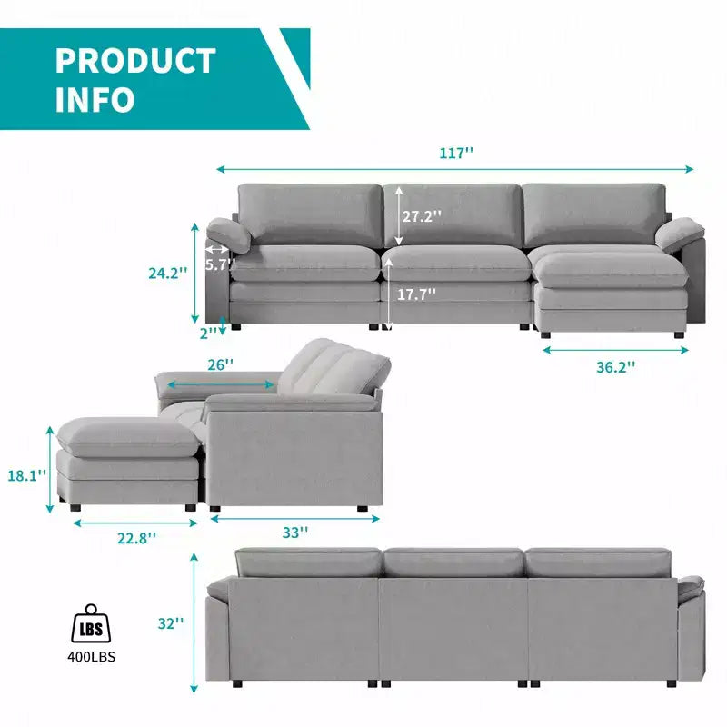 Canapé sectionnel Mjkone 117'', canapé en forme de L, imitation de canapé Cloud avec pouf mobile, canapé 3 places pour salon et appartement