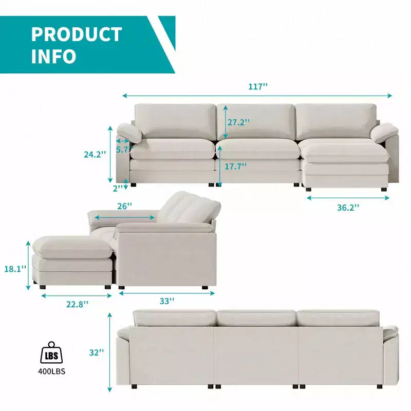 Canapé sectionnel Mjkone 117'', canapé en forme de L, imitation de canapé Cloud avec pouf mobile, canapé 3 places pour salon et appartement