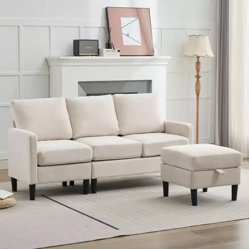 HYLEORY Canapé d'angle réversible 3 places en tissu de lin, avec pouf, pour salon, appartement et bureau