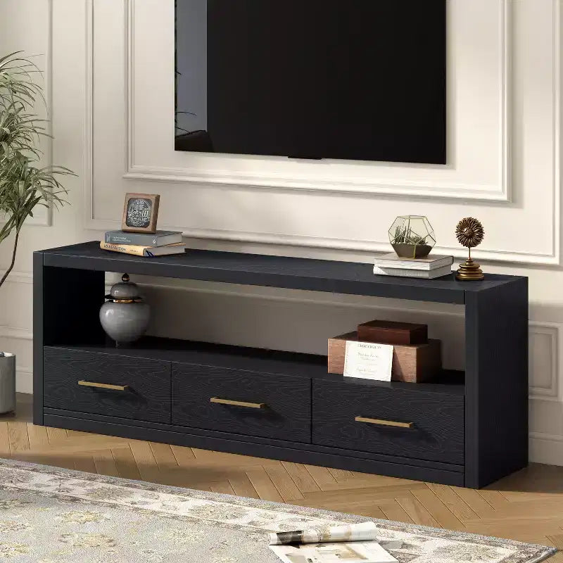 Meuble TV 74 W, console TV, armoire de rangement, centre de divertissement, buffet avec 3 tiroirs et étagère ouverte, marron/noir/gris - Christopher Knight Home