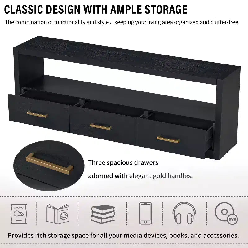 Meuble TV 74 W, console TV, armoire de rangement, centre de divertissement, buffet avec 3 tiroirs et étagère ouverte, marron/noir/gris - Christopher Knight Home