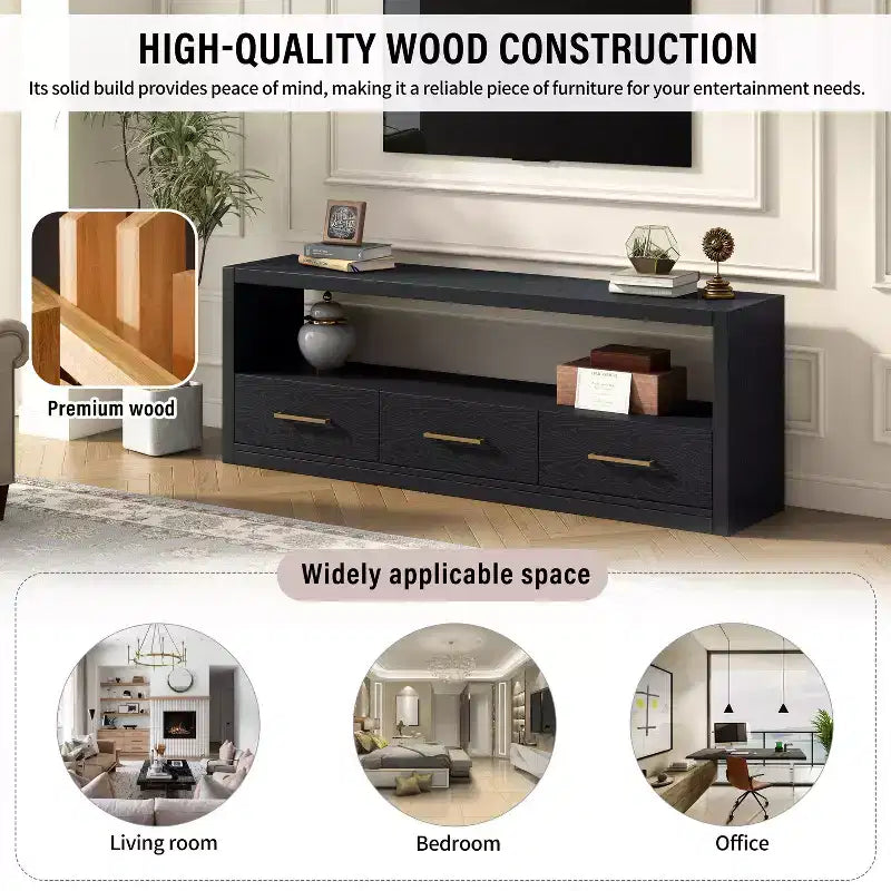 Meuble TV 74 W, console TV, armoire de rangement, centre de divertissement, buffet avec 3 tiroirs et étagère ouverte, marron/noir/gris - Christopher Knight Home