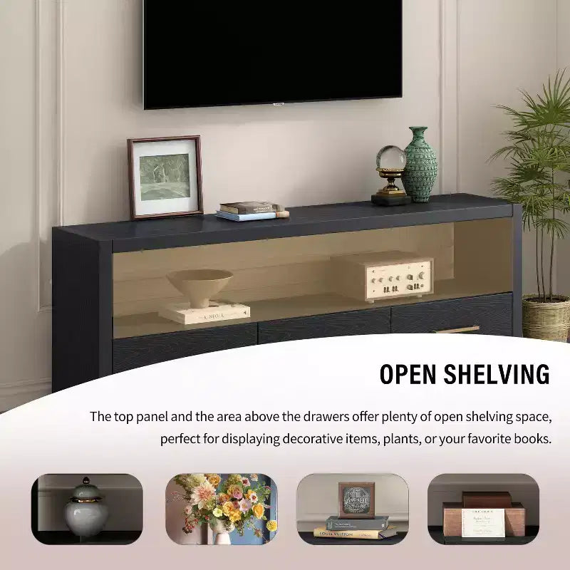 Meuble TV 74 W, console TV, armoire de rangement, centre de divertissement, buffet avec 3 tiroirs et étagère ouverte, marron/noir/gris - Christopher Knight Home