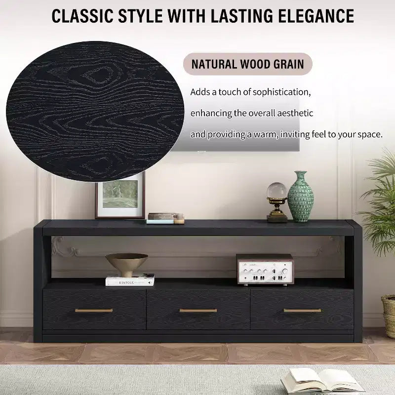 Meuble TV 74 W, console TV, armoire de rangement, centre de divertissement, buffet avec 3 tiroirs et étagère ouverte, marron/noir/gris - Christopher Knight Home