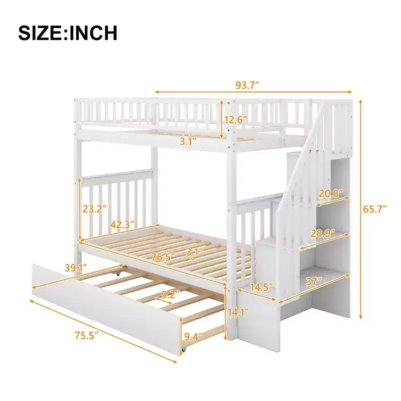 Lit superposé Whisen Wood avec lit gigogne et escalier de rangement