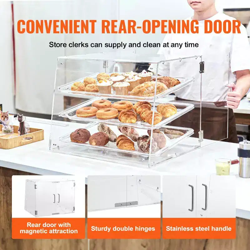 Vitrine à pâtisseries VEVOR, vitrine de boulangerie commerciale à 3 niveaux pour comptoir, boîte de présentation en acrylique avec accès par porte arrière, 52,6 x 36,1 x 41,4 cm