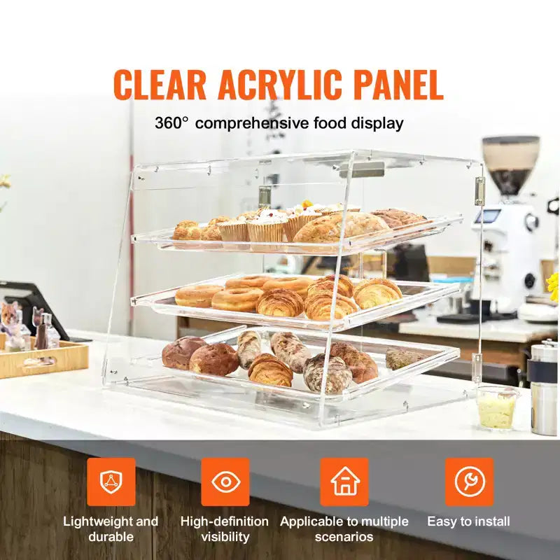 Vitrine à pâtisseries VEVOR, vitrine de boulangerie commerciale à 3 niveaux pour comptoir, boîte de présentation en acrylique avec accès par porte arrière, 52,6 x 36,1 x 41,4 cm