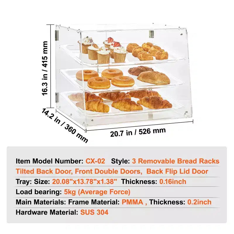 Vitrine à pâtisseries VEVOR, vitrine de boulangerie commerciale à 3 niveaux pour comptoir, boîte de présentation en acrylique avec accès par porte arrière, 52,6 x 36,1 x 41,4 cm