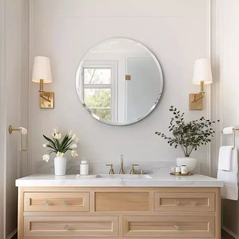 Miroir de salle de bain rond sans cadre pour lavabo avec bords biseautés - Miroir mural circulaire pour salle de bain et coiffeuse, look élégant et simple
