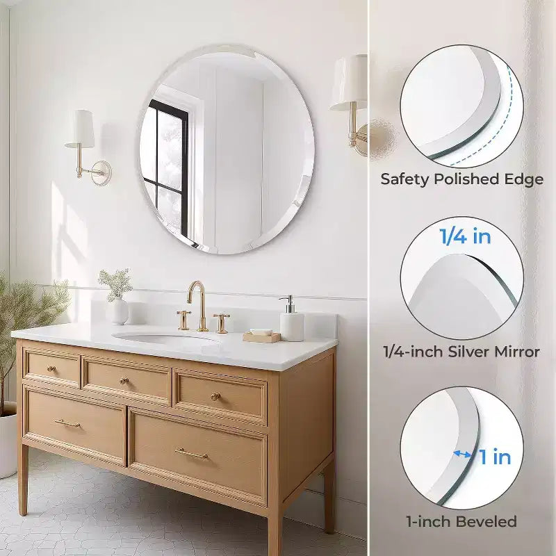 Miroir de salle de bain rond sans cadre pour lavabo avec bords biseautés - Miroir mural circulaire pour salle de bain et coiffeuse, look élégant et simple