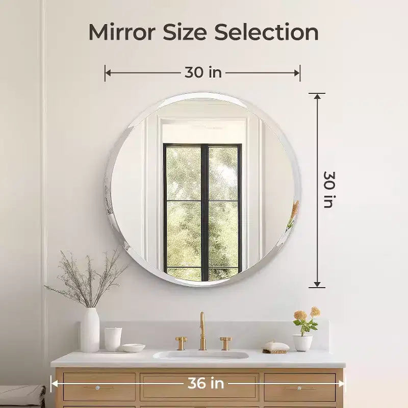 Miroir de salle de bain rond sans cadre pour lavabo avec bords biseautés - Miroir mural circulaire pour salle de bain et coiffeuse, look élégant et simple