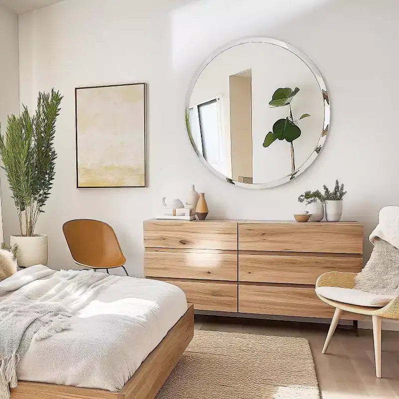 Miroir de salle de bain rond sans cadre pour lavabo avec bords biseautés - Miroir mural circulaire pour salle de bain et coiffeuse, look élégant et simple