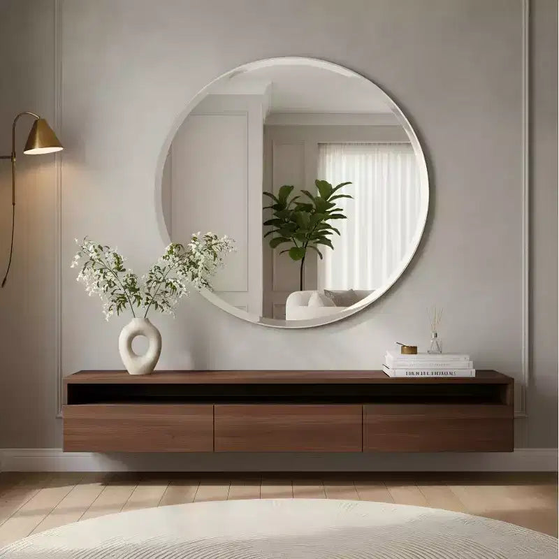 Miroir de salle de bain rond sans cadre pour lavabo avec bords biseautés - Miroir mural circulaire pour salle de bain et coiffeuse, look élégant et simple