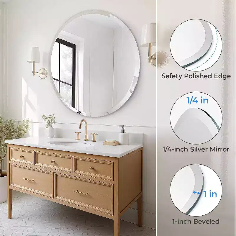Miroir de salle de bain rond sans cadre pour lavabo avec bords biseautés - Miroir mural circulaire pour salle de bain et coiffeuse, look élégant et simple