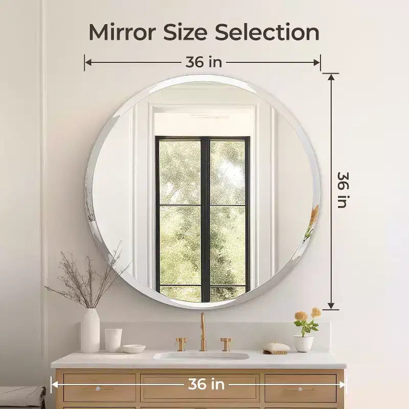 Miroir de salle de bain rond sans cadre pour lavabo avec bords biseautés - Miroir mural circulaire pour salle de bain et coiffeuse, look élégant et simple