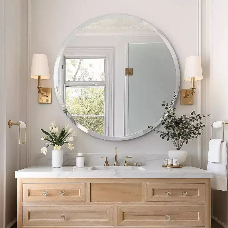 Miroir de salle de bain rond sans cadre pour lavabo avec bords biseautés - Miroir mural circulaire pour salle de bain et coiffeuse, look élégant et simple