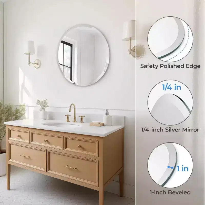Miroir de salle de bain rond sans cadre pour lavabo avec bords biseautés - Miroir mural circulaire pour salle de bain et coiffeuse, look élégant et simple