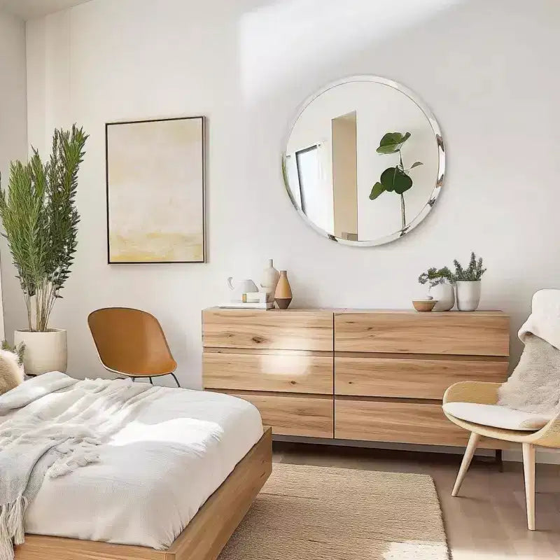 Miroir de salle de bain rond sans cadre pour lavabo avec bords biseautés - Miroir mural circulaire pour salle de bain et coiffeuse, look élégant et simple