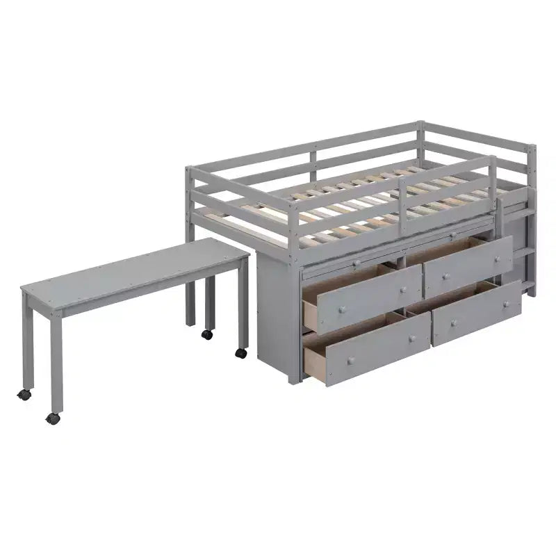 Lit mezzanine jumeau/double avec bureau coulissant et 4 tiroirs, cadre de lit mezzanine bas en bois avec étagères - ModernLuxe