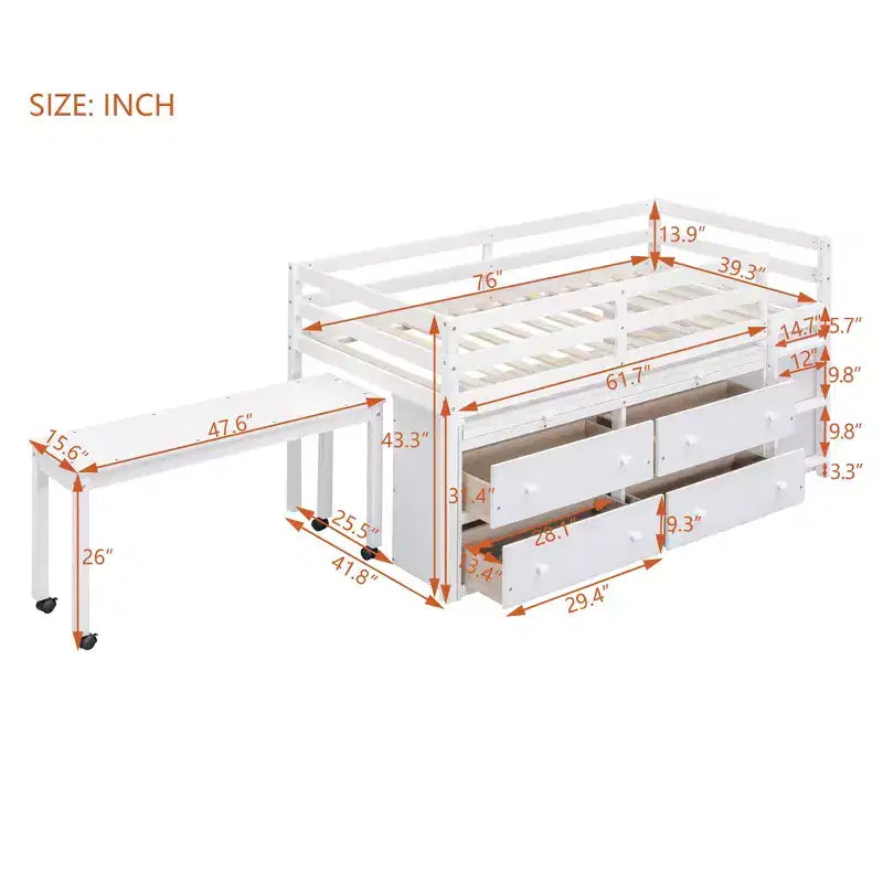 Lit mezzanine jumeau/double avec bureau coulissant et 4 tiroirs, cadre de lit mezzanine bas en bois avec étagères - ModernLuxe