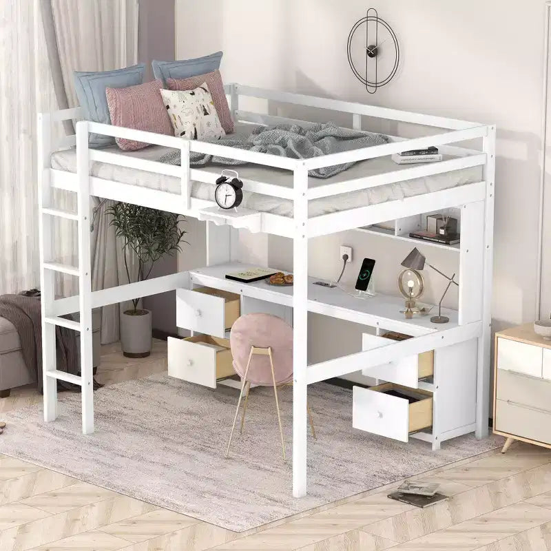 Whisen 78.4L x 57.6W Lit mezzanine pleine grandeur avec bureau, armoires, tiroirs et plateau de chevet, station de recharge intégrée, rangements multiples