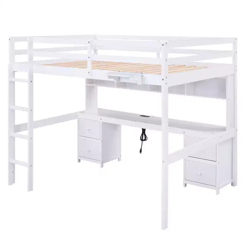 Whisen 78.4L x 57.6W Lit mezzanine pleine grandeur avec bureau, armoires, tiroirs et plateau de chevet, station de recharge intégrée, rangements multiples