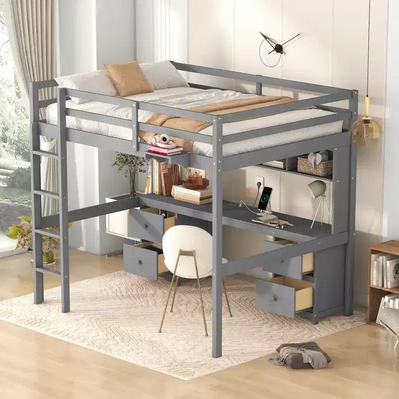 Whisen 78.4L x 57.6W Lit mezzanine pleine grandeur avec bureau, armoires, tiroirs et plateau de chevet, station de recharge intégrée, rangements multiples