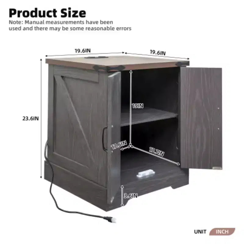 Table d'appoint polyvalente pour canapé en noyer 19,6 W avec portes de grange et charnières rétro pour chambre à coucher, salon, grise