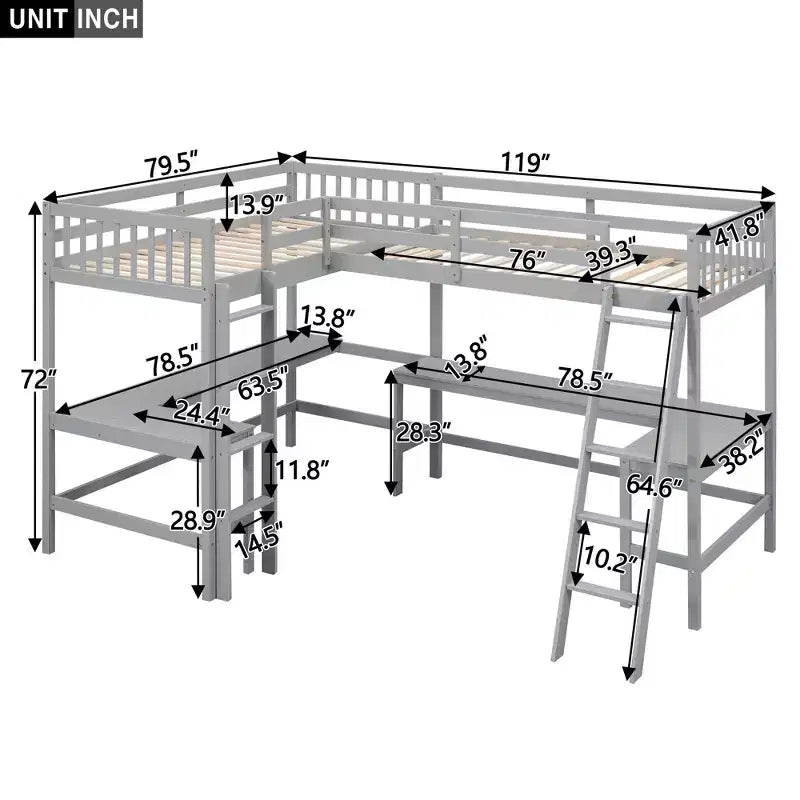 Whisen Lit mezzanine en bois en forme de L, taille double, 119 po L x 79,5 po l, avec échelle et 2 bureaux intégrés en forme de L
