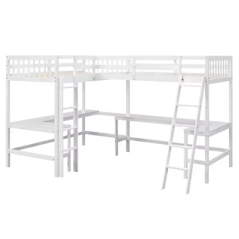 Whisen Lit mezzanine en bois en forme de L, taille double, 119 po L x 79,5 po l, avec échelle et 2 bureaux intégrés en forme de L