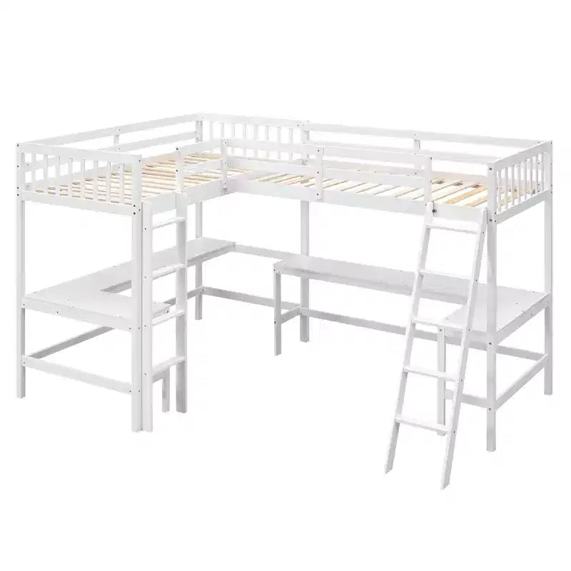 Whisen Lit mezzanine en bois en forme de L, taille double, 119 po L x 79,5 po l, avec échelle et 2 bureaux intégrés en forme de L
