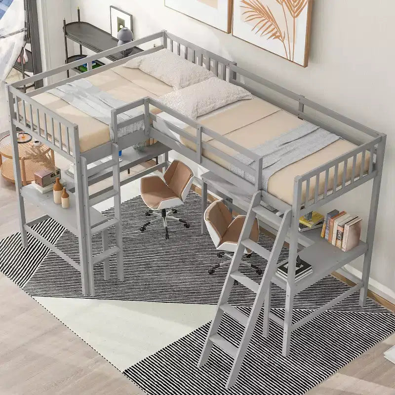 Whisen Lit mezzanine en bois en forme de L, taille double, 119 po L x 79,5 po l, avec échelle et 2 bureaux intégrés en forme de L