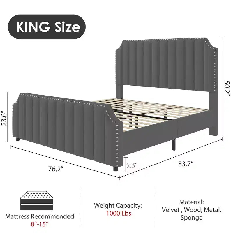 Cadre de lit WhizMax Grand lit/Très grand lit avec tête de lit de 127,5 cm de hauteur, cadre de lit Queen en velours avec tête et pied de lit touffetés à canaux verticaux
