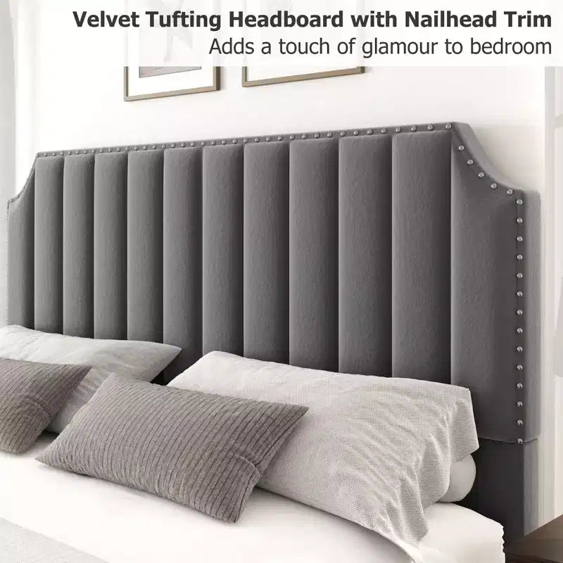 Cadre de lit WhizMax Grand lit/Très grand lit avec tête de lit de 127,5 cm de hauteur, cadre de lit Queen en velours avec tête et pied de lit touffetés à canaux verticaux